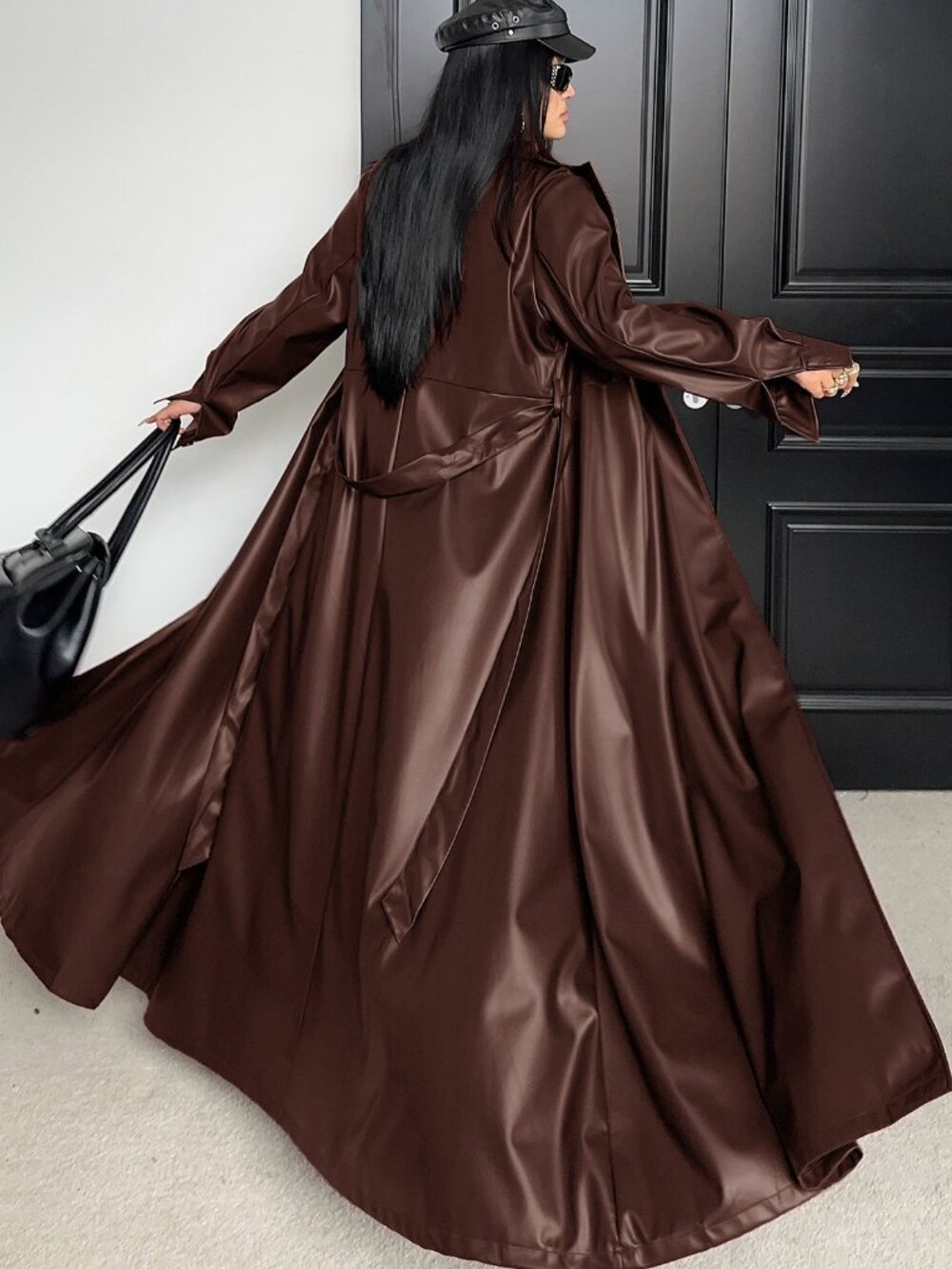 Rust Brown Casual Women's Loose Lapel Long Sleeve faux leather Trench Coat